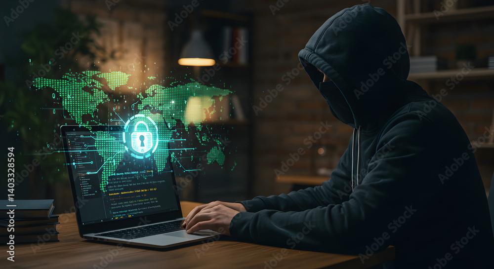 Poster mysterious hacker in hoodie using laptop with digital interface displaying global security network i