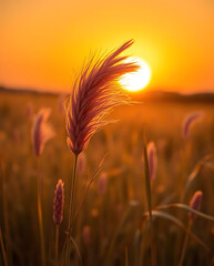 Close up grass field flower in beautiful golden sunset background, created by generative ai