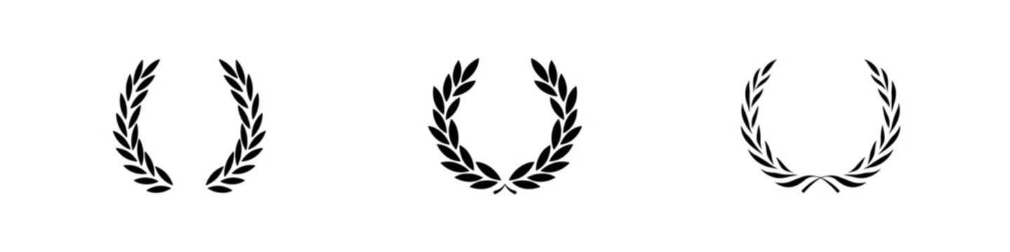 Laurel wreath icon set. Black circular laurel olive branches greek wreath. Vintage laurel wreaths. Winner award of olive leaves, stars of victory, achievement heraldry symbol. Vector illustration.