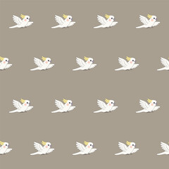 Funny Cute Cockatoo Bird Seamless Patter. Wild Exotic Parrot Mascot Childish Textile Print Design. Positive Drawn Doodle Cartoon Character Wrapping Paper or Wallpaper Swatch Art. Scrapbook Surface
