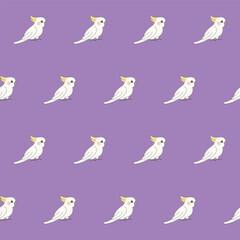 Funny Cute Cockatoo Bird Seamless Patter. Wild Exotic Parrot Mascot Childish Textile Print Design. Positive Drawn Doodle Cartoon Character Wrapping Paper or Wallpaper Swatch Art. Scrapbook Surface