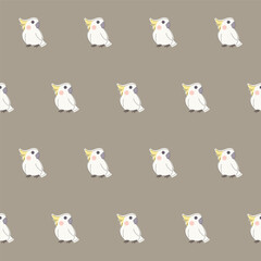 Funny Cute Cockatoo Bird Seamless Patter. Wild Exotic Parrot Mascot Childish Textile Print Design. Positive Drawn Doodle Cartoon Character Wrapping Paper or Wallpaper Swatch Art. Scrapbook Surface © vanillamilk
