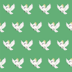 Funny Cute Cockatoo Bird Seamless Patter. Wild Exotic Parrot Mascot Childish Textile Print Design. Positive Drawn Doodle Cartoon Character Wrapping Paper or Wallpaper Swatch Art. Scrapbook Surface