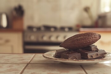 Dark chocolate and cocoa pod on a kitchen countertop.