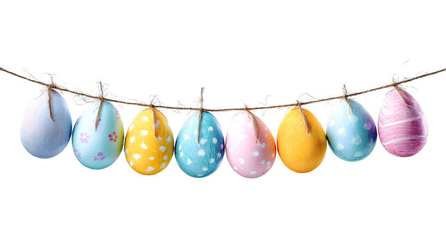 Colorful easter eggs hanging on a string with transparent background