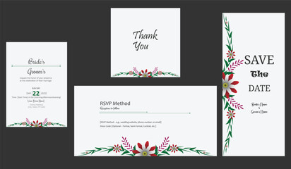 Wedding Invitation, save the date, thank you, rsvp card Design template. Vector. Queen of sweden rose flower, leaves, Anemone plants. vector.
