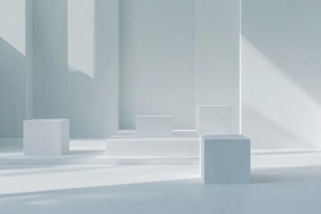 Empty white minimalist studio scene with various geometric shapes