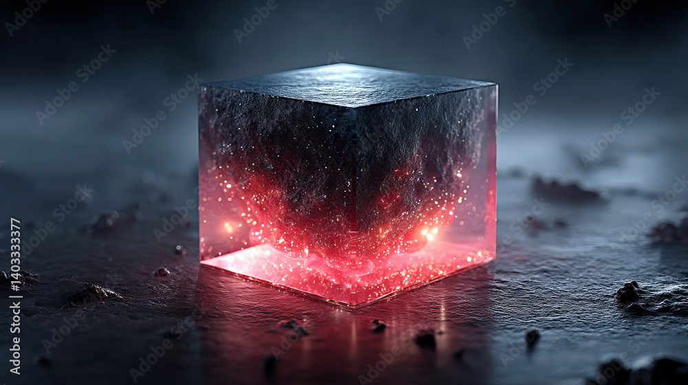 Aufkleber glowing data cube emits red light, creating futuristic and mysterious atmosphere. cube appears to be floating above dark, misty surface, adding to its enigmatic presence