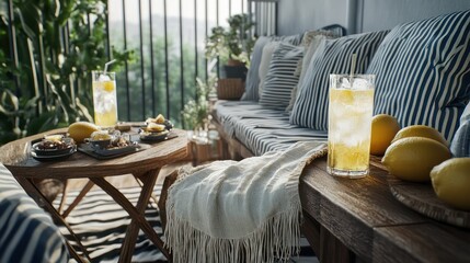 A breezy summer balcony with nautical-striped cushions, a fringed linen throw, and a rustic wooden coffee table set with iced
