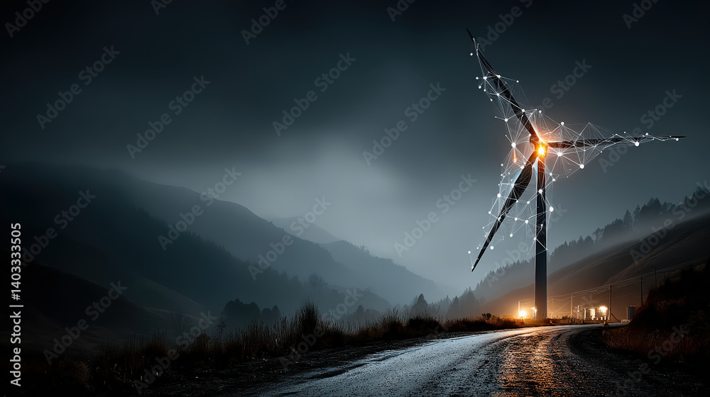 Leinwandbilder towering wind turbine stands illuminated against dark, moody sky, with glowing network lines connect