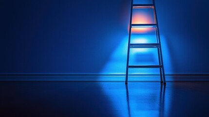 Ladder against a blue wall with light illuminating steps.
