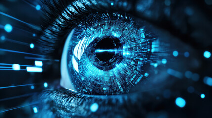 Artificial Intelligence eye with digital circuit board pattern for Ai, technological advancement, machine learning and futuristic vision concept for banner ad