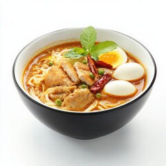 Malaysian laksa dish served with eggs, isolated white backdrop.