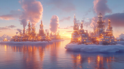 Obraz premium Floating, steam-powered city islands at sunrise.