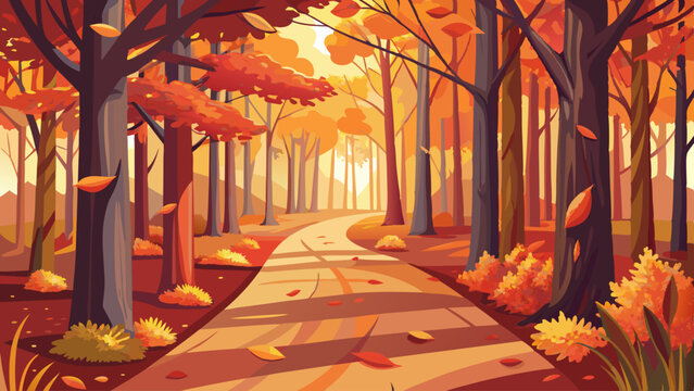 A path through a forest with autumn leaves on the ground. The leaves are orange and yellow, and the trees are tall and leafy. Scene is peaceful and serene, as the viewer is transported to a quiet