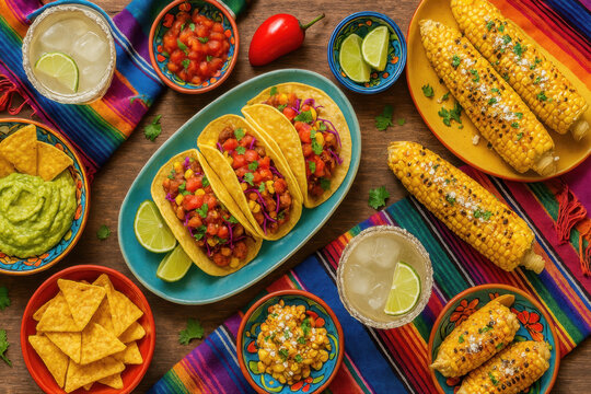 Table mexicaine color&eacute;e avec tacos, elotes grill&eacute;s, guacamole, salsa, chips et margaritas pour c&eacute;l&eacute;bration festive