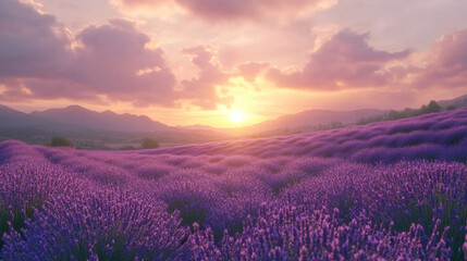 An awe-inspiring sunset unfolds over a lavender field, with soft pastel skies creating a dreamy, floral panorama