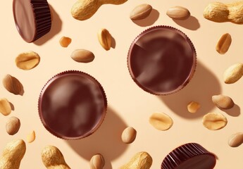 Fototapeta premium Chocolate Peanut Butter Cups and Whole Peanuts Delicious Candy Treat
