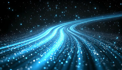 Glowing blue waves of light flow through a starry night sky, creating a mesmerizing cosmic scene