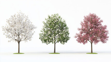 Fototapeta premium Blossoming spring trees showcase delicate flowers in full bloom, isolated against a white background