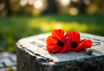 Poignant remembrance cenotaph poppies on granite headstone on anzac day solemn tribute