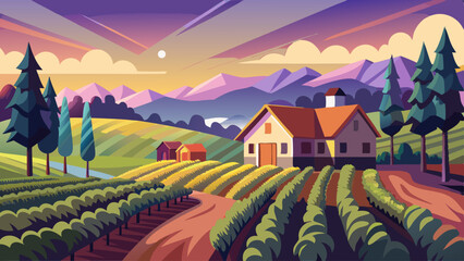 A beautiful landscape with a house and a barn in the background. The house is white and has a red roof. The scene is peaceful and serene, with a sense of calmness and tranquility