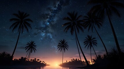 Obraz premium Night scene with glowing stars above palm tree silhouettes