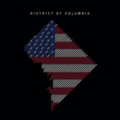 Washington DC hatched silhouette map of slanted parallel lines pattern in the colors of the American flag, textured stylized map. Vector illustration isolated on black.