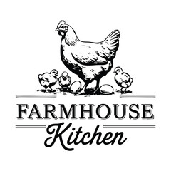 Farmhouse Kitchen Black and White Vector Graphic Featuring a Hen, Chicks, and Eggs  © Bee_CraftR