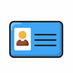 A simple cartoon illustration of a blue ID card with a person icon, concept for user interface design, website development, and app design