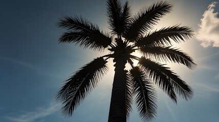 Palm tree silhouette viewed from below, towering perspective with sun halo behind