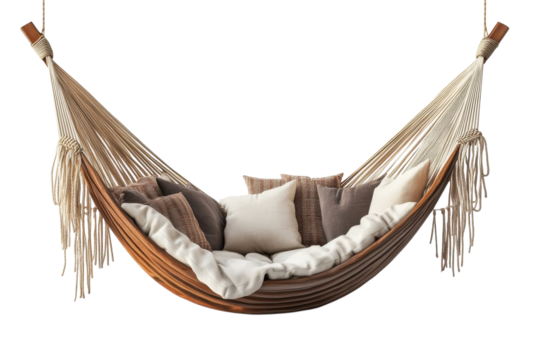 Serene hammock with soft cushions inviting relaxation warm wood neutral tones