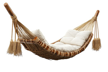 Obraz premium Relaxing handwoven hammock with comfy cushions perfect for outdoor relaxation natural jute ropes and