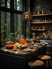 Rustic kitchen with food on island and forest view through the large window in natural light