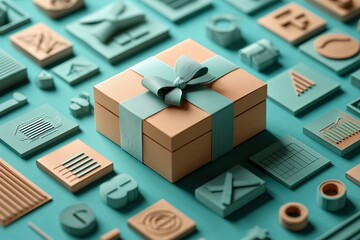 paper cut scene with a wooden box which business icon attached on it placed on a pastel blue background, surrounded by sharp, detailed icons