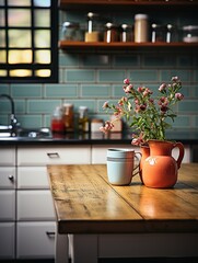 Still life of flowers in a pitcher and a mug on a wooden table in a kitchen setting indoors