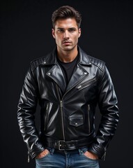 Fototapeta premium man in black leather jacket and jeans portrait view on plain black background