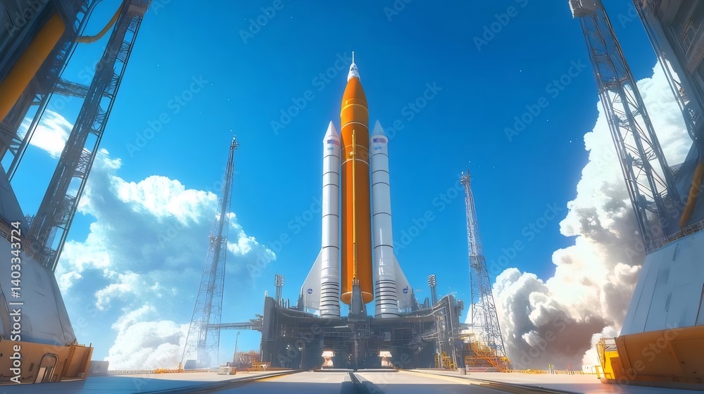 Aufkleber 巨大なロケットが青い空の下で打ち上げられる準備が整い白とオレンジ色の構造がそびえ立つ光景