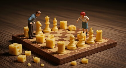Miniature Chess Game with Cheese Pieces: A Creative Strategy Showdown