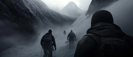 Mountain Climbers in Harsh Weather Conditions