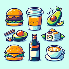 Flat design food icons: avocado, burger, sushi, coffee cup, wine glass. Vibrant colors, thick outlines