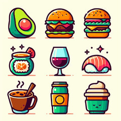 Flat design food icons: avocado, burger, sushi, coffee cup, wine glass. Vibrant colors, thick outlines