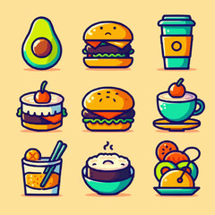 Flat design food icons: avocado, burger, sushi, coffee cup, wine glass. Vibrant colors, thick outlines
