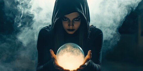 Mysterious Woman with Crystal Ball in Smoky Setting