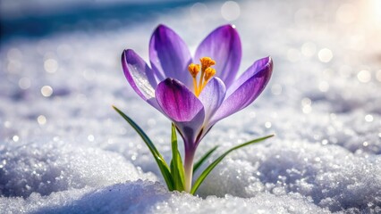 Naklejka premium Purple Crocus Spring Bloom, Melting Snow, Sunny Day Night Photography