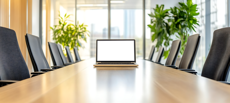 Workspace Scene Showing Laptop on Office Desk with Blank PNG Screen for Customized Branding or Creative Presentation Display


