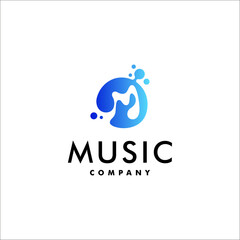 Musical note logo design with a combination of the letter M with water elements in blue color gradation