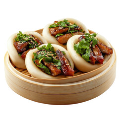 Delectable glazed pork belly bao buns, nestled in a bamboo steamer, topped with fresh cilantro and sesame seeds, a culinary delight.