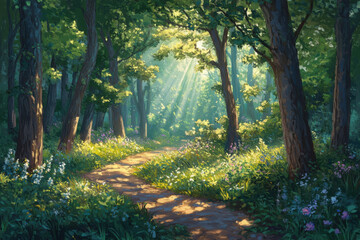 Obraz premium A sunlit forest path with dappled light and wildflowers leading to a warm and welcoming clearing in nature