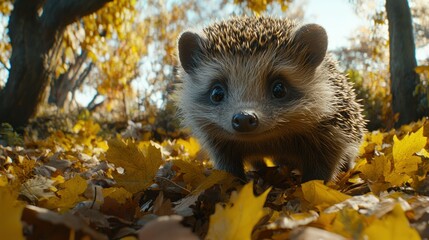 Adorable Hedgehog in Autumn Leaves